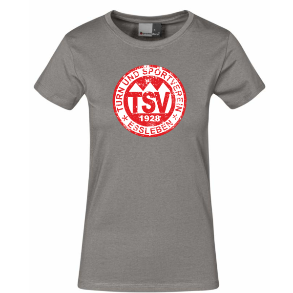 Damen T-Shirt Steel Grey mit Retro Logo Rot und Nackenschriftzug