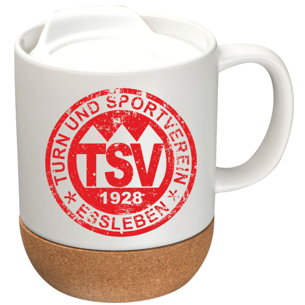 Tasse 330ml mit Korkboden und Trinkdeckel Logo Standard oder retro rot